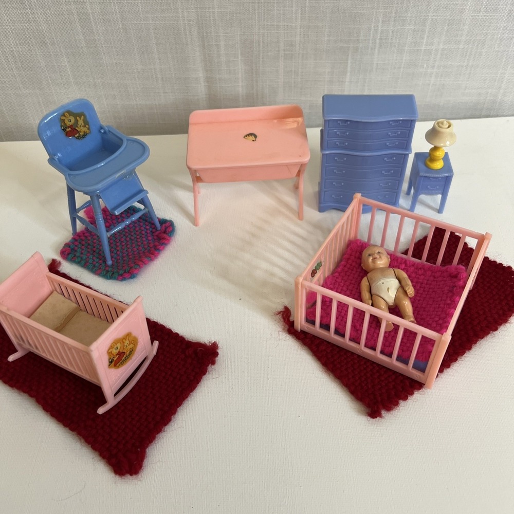 Vintage Renewal USA Dollhouse Nursery Furniture Lot Cradle Baby Miniatures